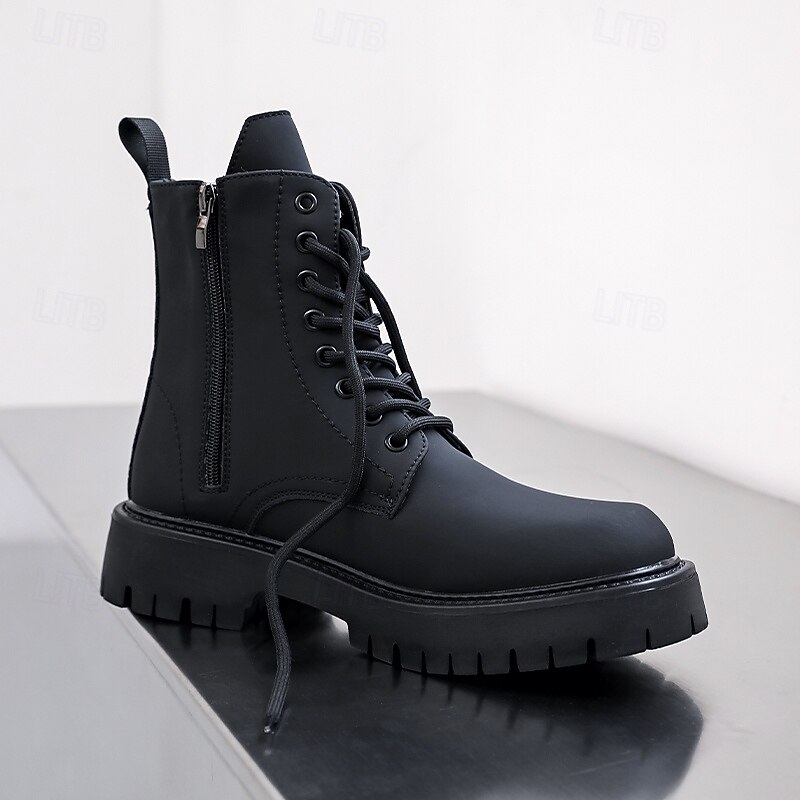 Svarte herrestøvler med snøring og glidelås på siden til kamp, slitesterkt kunstskinn, militærinspirert stil for utendørs-, arbeids- og streetwear-mote 2025 - $59.99 –P18