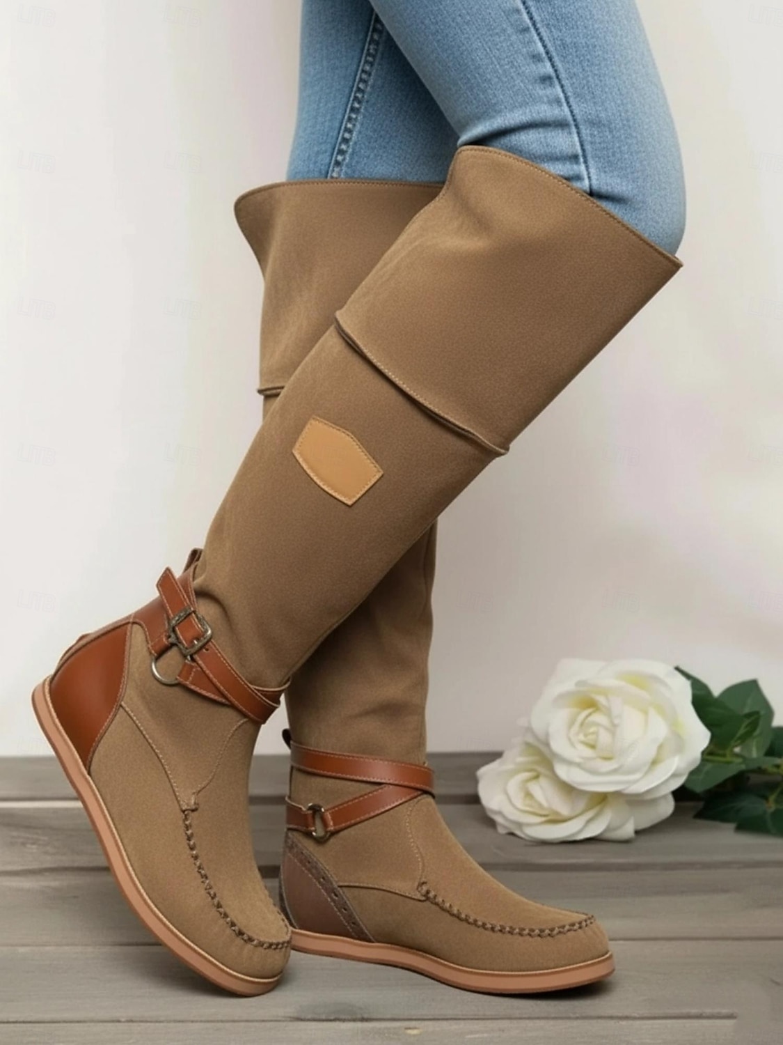 Kniehohe Stiefel aus Wildleder für Damen mit Keilabsatz und Schnallenriemen - Freizeitstiefel im Bohème-Stil in Jeansblau 2026 - $59.99 –P3
