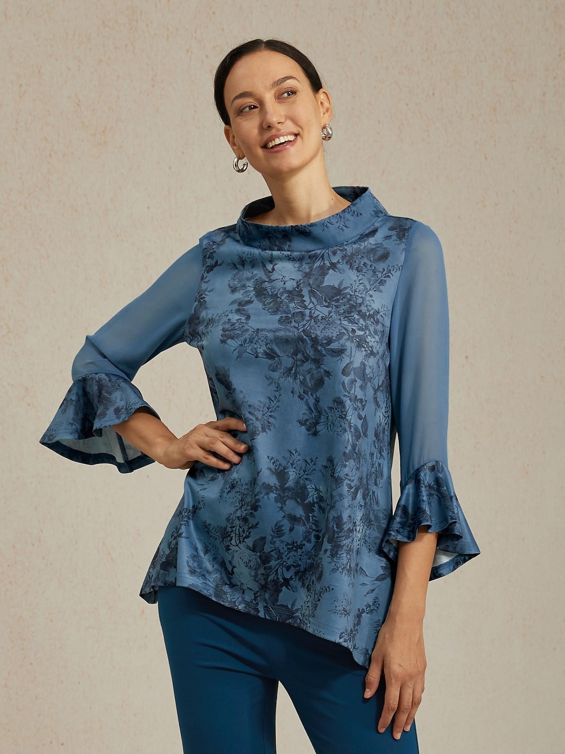 Chemisier femme gris bleu fleuri col montant manches à empiècements transparents ourlet asymétrique coupe confortable décontracté vacances printemps été automne de 2025 ? $61.99 –P5