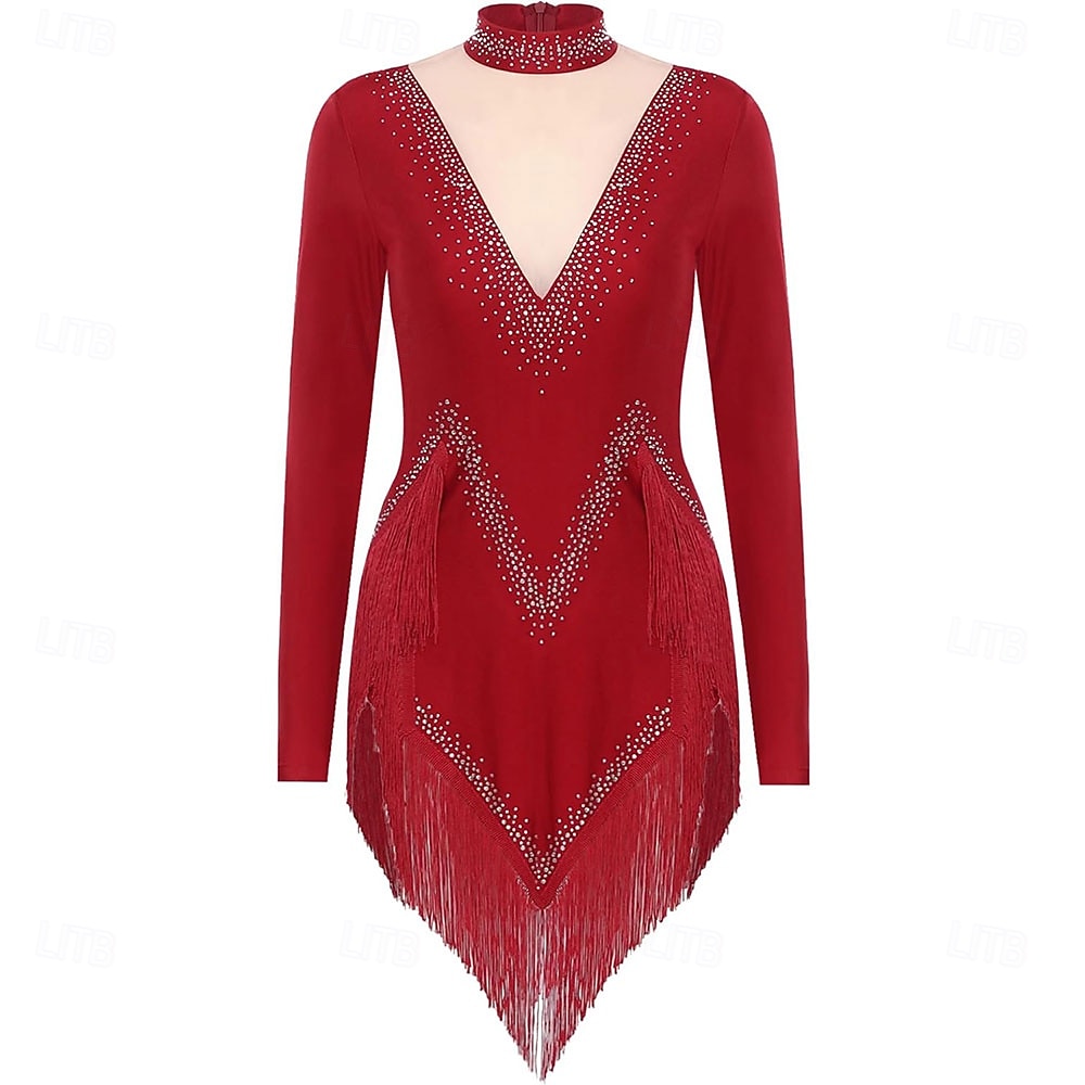 Rochie de dans latino strălucitoare pentru femei, cu mânecă lungă, cu ciucuri, cha cha, salsa, rumba, tango 2025 - $142.99 –P8