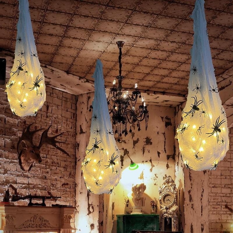 Zestaw 3 wiszących, podświetlanych jajek pająka, dekoracja na Halloween, duże woreczki z pająkiem i pajęczyną na Halloween z lampkami solarnymi, rekwizyty w kształcie pająka na imprezę Halloween w pomieszczeniach i na zewnątrz 2025 - $15.99 –P4