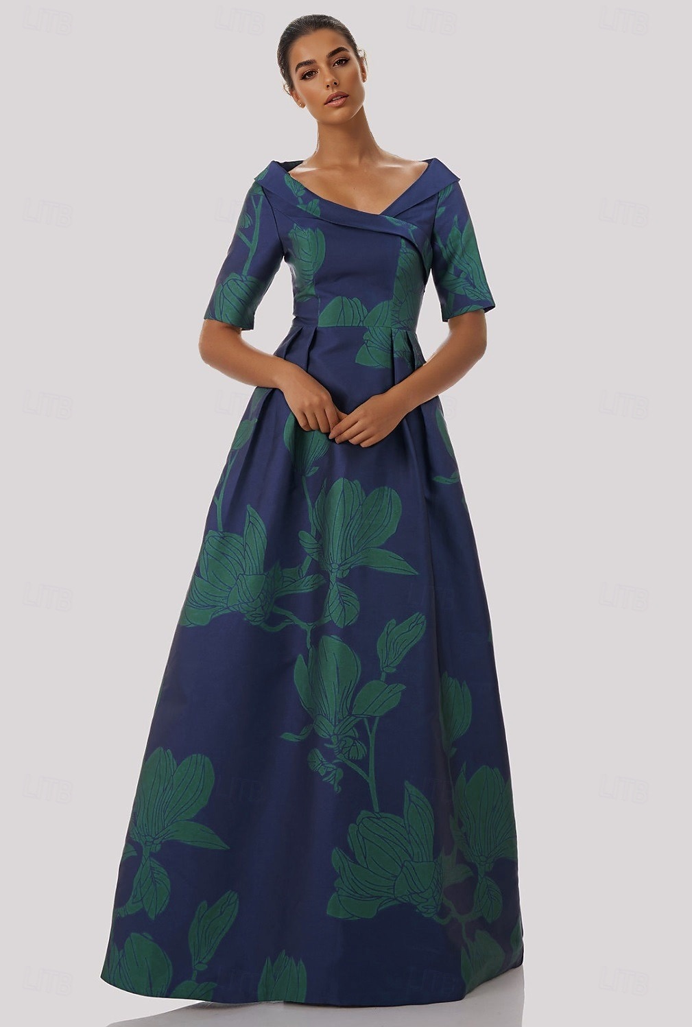 A-Line Robe de soirée élégante robe formelle mariage longueur au sol à manches courtes col de chemise poche satin avec imprimé floral de 2025 ? $159.99 –P1