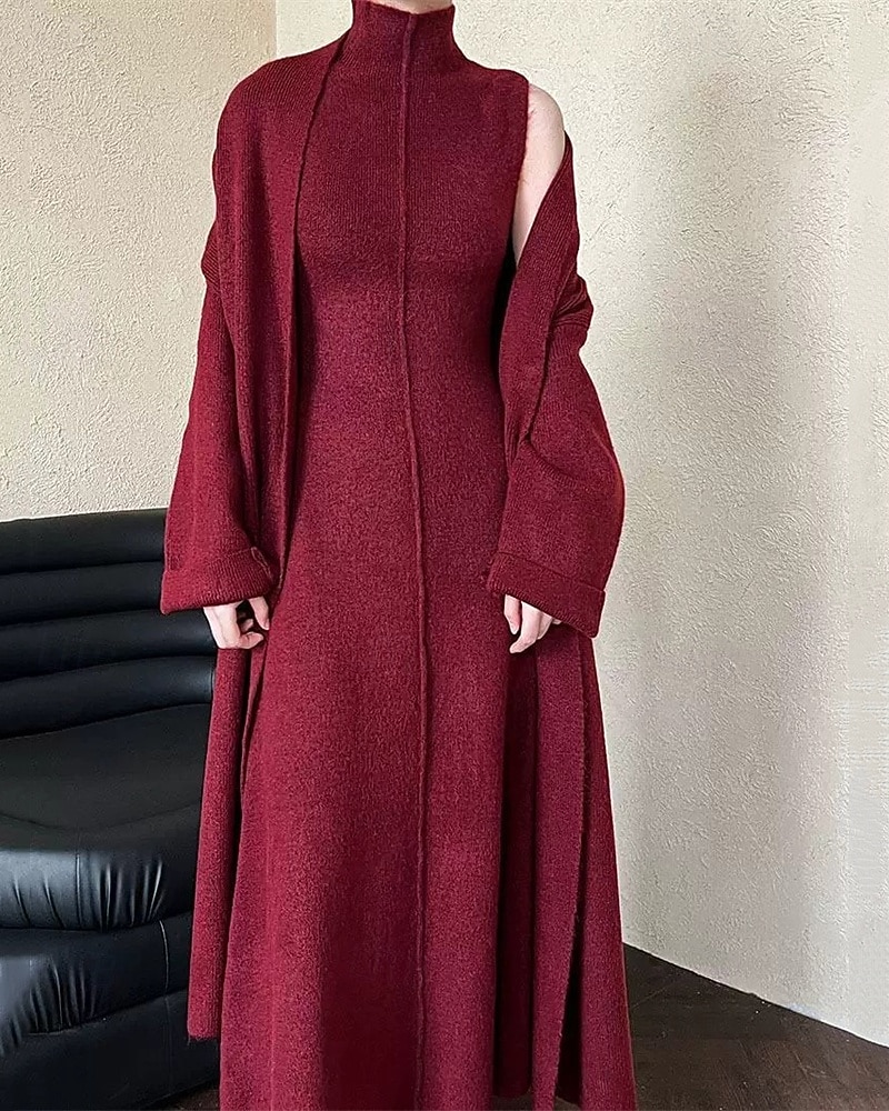 Damen Langes Kleid Maxikleid Strickkleid Freizeitkleid Kleid-Set Elegant Mode Modern Outdoor Täglich Ausgehen Normale Passform Einfach Langarm Hoher Ausschnitt Stehkragen Rote Winter Herbst 2025 - $56.99 –P1