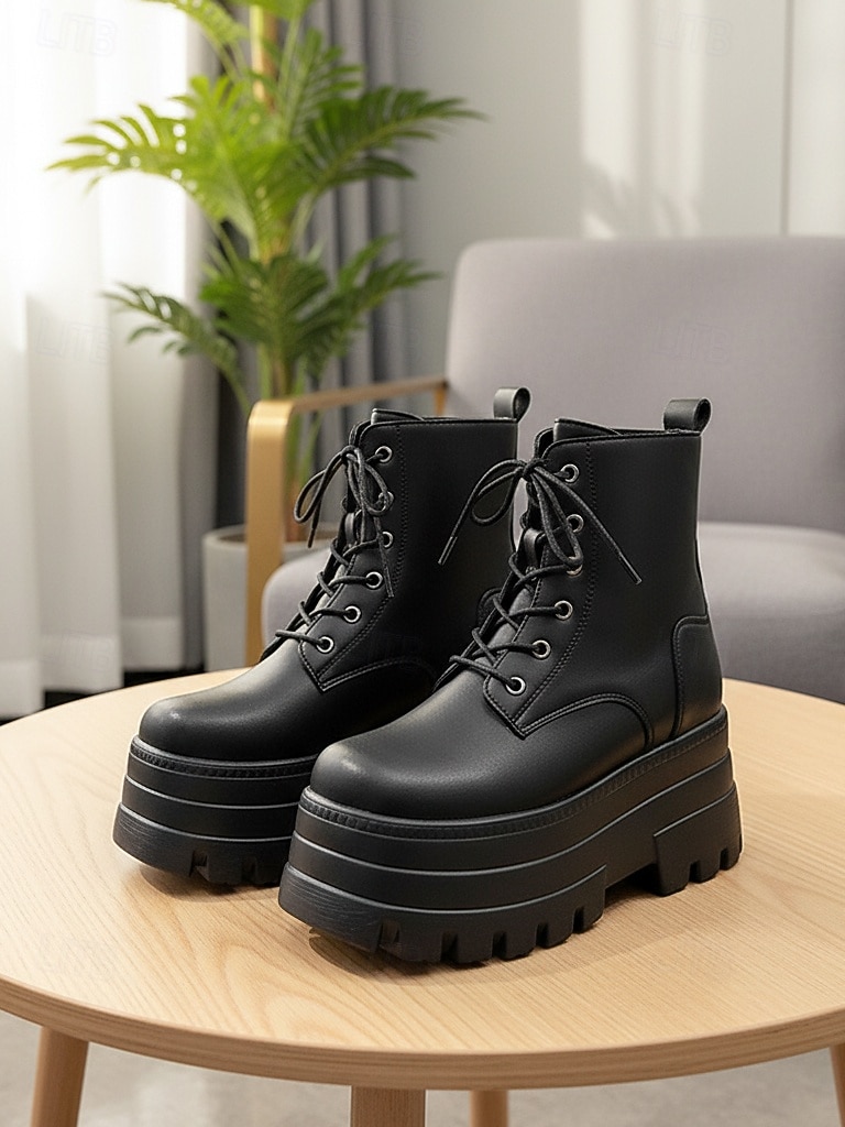 Women's White Platform Lace-Up Ankle Boots with Height Increasing Sole -Trendy Chunky Heel Fashion Boots for Casual and Streetwear 2025 - $54.99 –P4