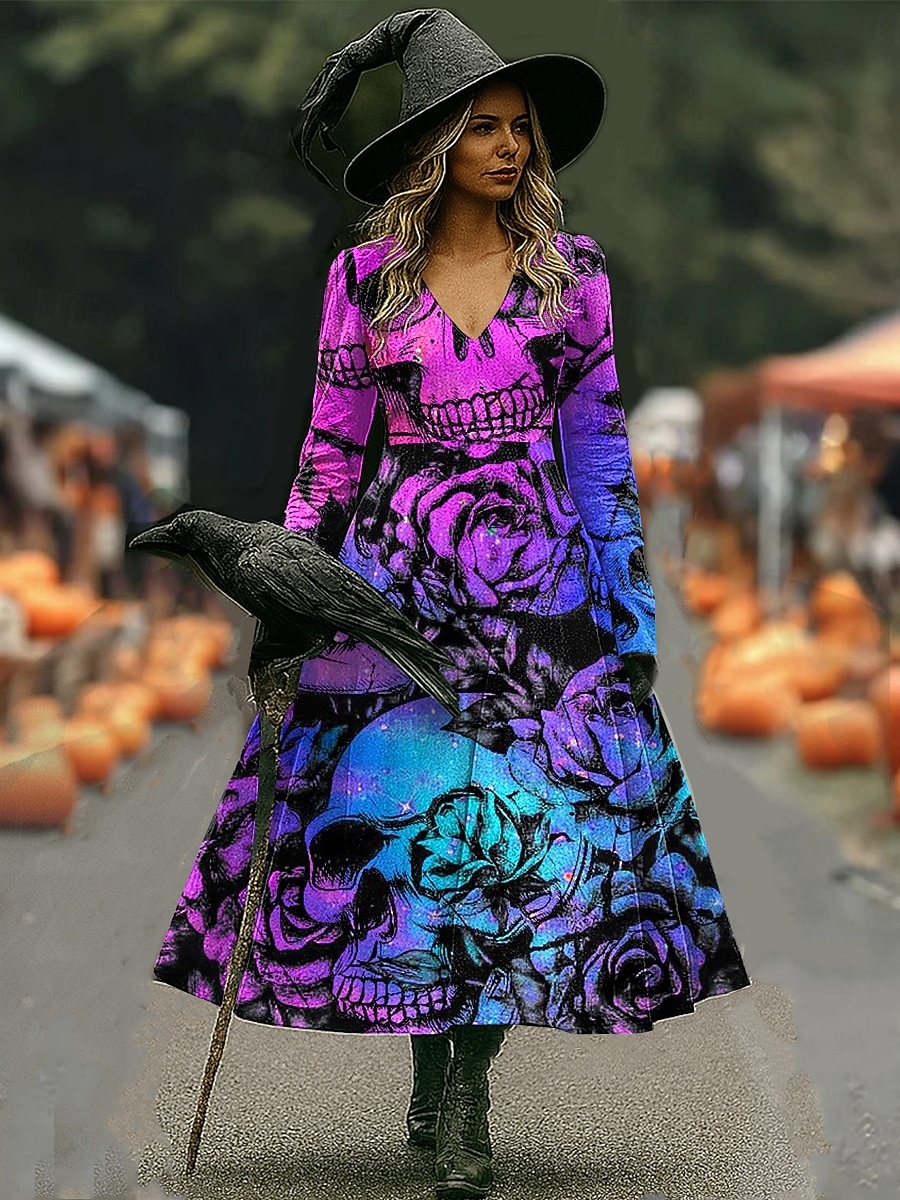 Halloween Női Koponyák Nyomás Midi Ruha A-vonalú Ruha Vakáció Hétköznapi Napi Normál Illeszkedés Grafikával Koponya Hosszú Ujjú V Nyakú Kék Narancs Szürke Ősz Tél 2025 - $33.99 –P3