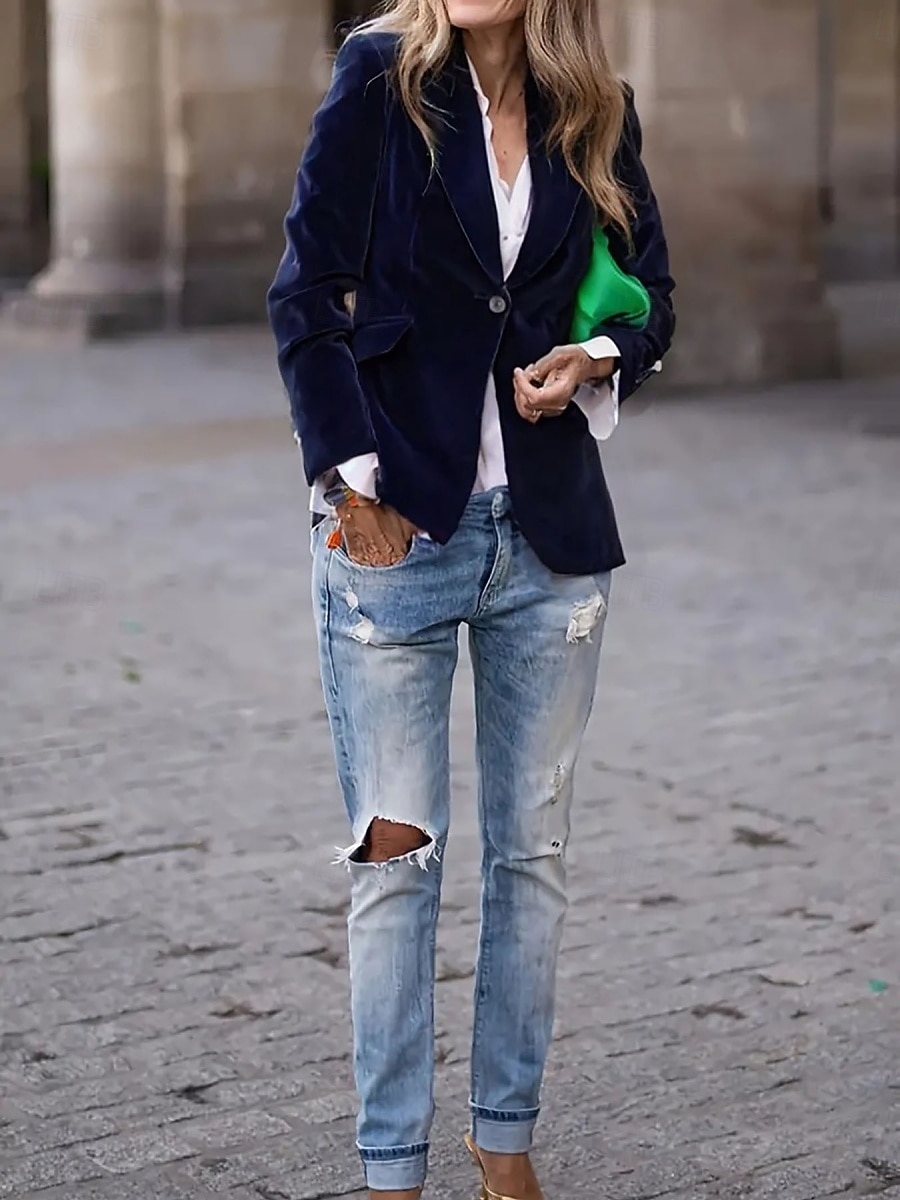 Women's Blazer Comfortable Breathable Pocket Casual Plain Office Street Casual Daily Wear Single Breasted Regular Turndown Regular Fit Long Sleeve Outerwear Navy Black Wine Spring Fall 2026 - $39.99 –P7