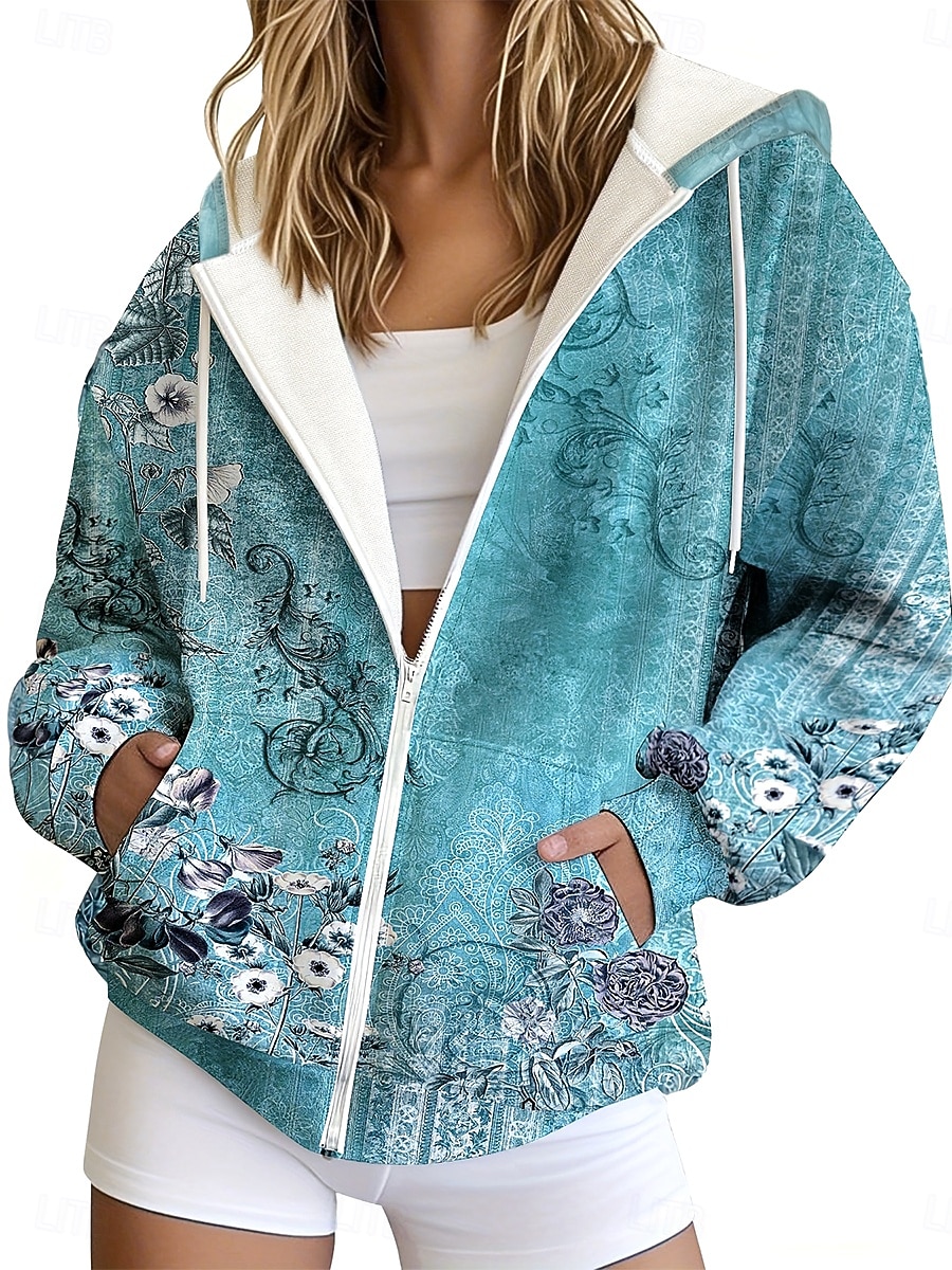 Dámské Mikiny na zip Zip Kapsy Tisk Květinový Grafika Etno Módní Na běžné nošení Dlouhý rukáv Kapuce Běžné topy Ležérní ulice Na den Kaštanově hnědá Tmavomodrá Světle modrá Podzim Zima 2026 - $36.99 –P1
