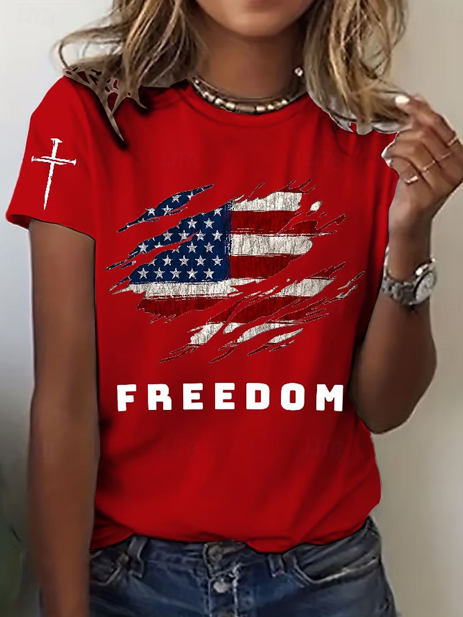 Damen T Shirt Druck Grafik Buchstabe Amerikanische Flagge Vintage Stilvoll Klassisch Kurzarm Rundhalsausschnitt Normale Oberteile Täglich Blau Schwarz Weiß Rote Sommer Frühling 2026 - $22.99 –P3