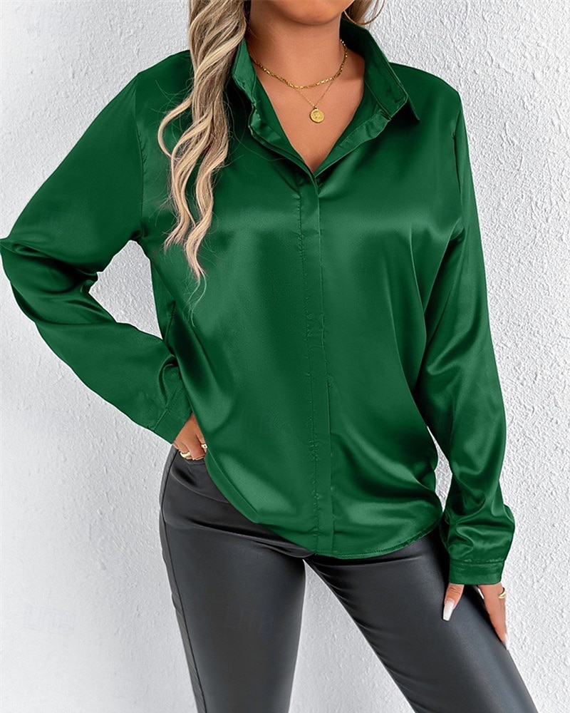 Per donna Camicia Camicia in raso Tinta unica Elegante Casual Manica Lunga Colletto a Camicia Top Regolari Quotidiano Uscire Bottoni Rosa Viola Verde Primavera Autunno del 2025 a $16.99 –P8
