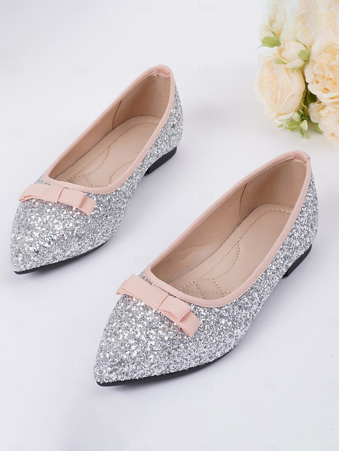 ballerine da donna con punta a punta, glitter argento e fiocco - eleganti scarpe da cocktail per feste e occasioni formali del 2025 a $34.99 –P3