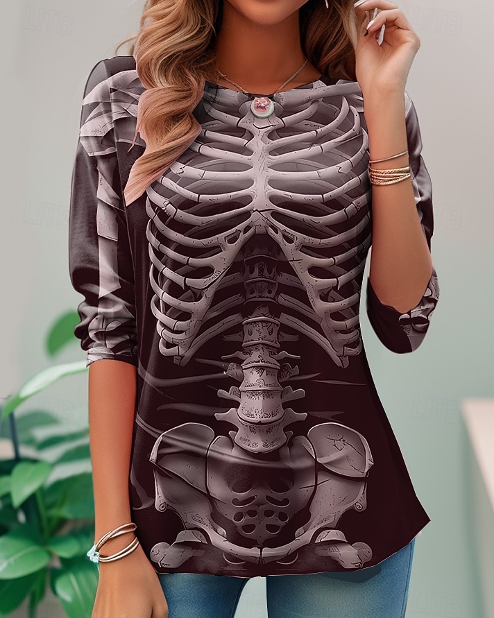 Damen T-Shirt Skeleton Schädel Grafik Skelett Vintage Mode Stylisch Langarm Rundhals Reguläre Oberteile Täglich Wochenende Druck Schwarz Wein Dunkelgrau Sommer Frühling Herbst 2026 - $24.99 –P3