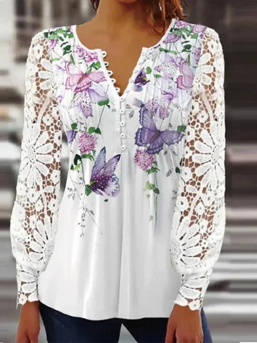 Damen Spitzenbluse Bluse Blumen Elegant Stilvoll Basic Langarm V Ausschnitt Normale Oberteile Täglich Spitze Knöpfe Druck Weiß Blau Himmelblau Purpur Frühling Herbst 2025 - $27.99 –P3