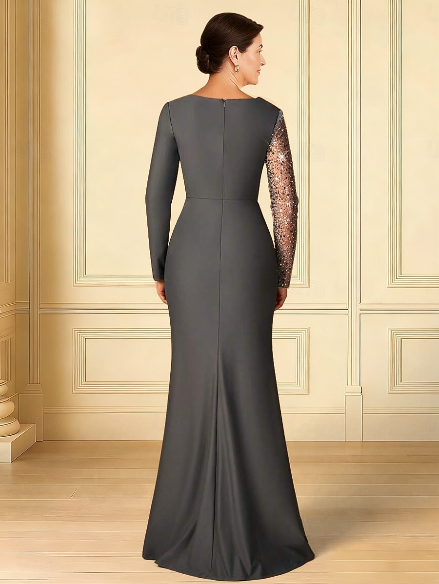 Sheath Column Floor Length Wedding Guest Dress Formal Dresses Evening Gown Mother of the Bride Dress Long Sleeve V Neck Elegant Simple Formal Wedding Guest Satin with Pleats Ruched Beading 2026 - $183.99 –P2