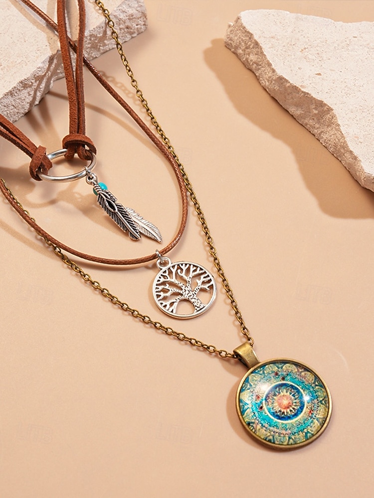 Γυναικείο μποέμ κολιέ με στρώσεις, τριπλό κόσμημα με φτερό, δέντρο της ζωής και vintage στρογγυλό γούρι για φεστιβάλ, πάρτι και casual ρούχα 2025 - $11.99 –P5