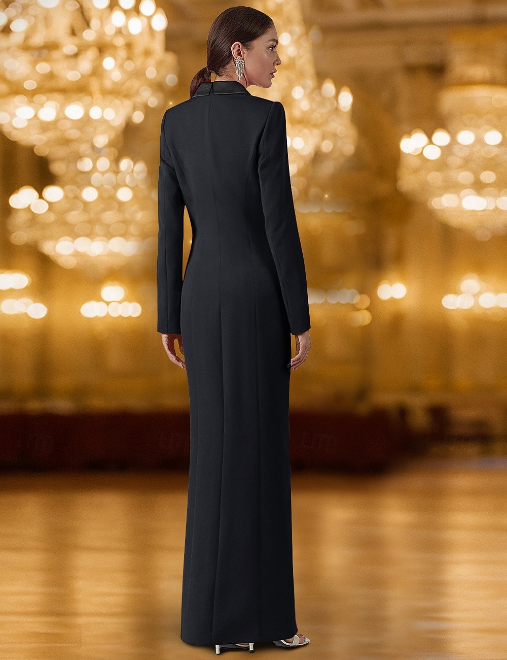 Rochie blazer Black Tie Rochie frac Aplicație cu paiete aurii Invitată la nuntă formală Satin crep elastic Elegantă cu fanta înaltă mânecă lungă guler satin în vârf 2025 - $169.99 –P2