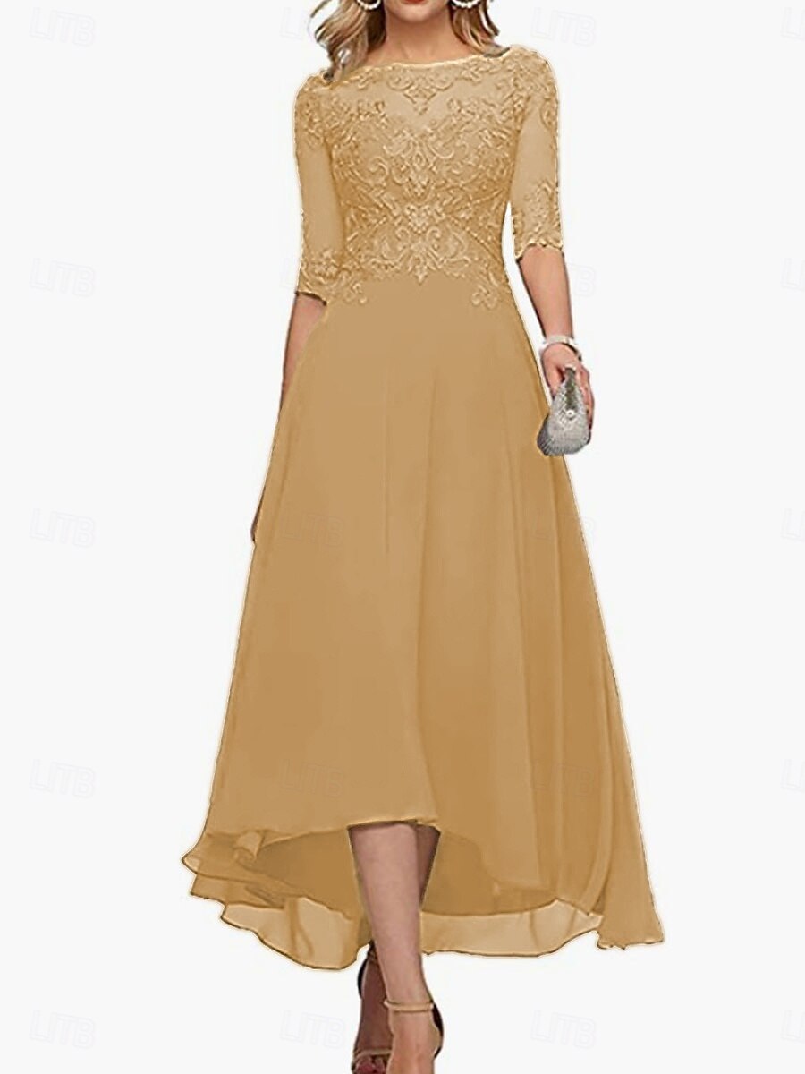 Robe A-Line mère de la mariée invitée de mariage formelle élégante col rond longueur de sol en chiffon à demi-manches avec couleur unie de 2025 ? $139.99 –P17