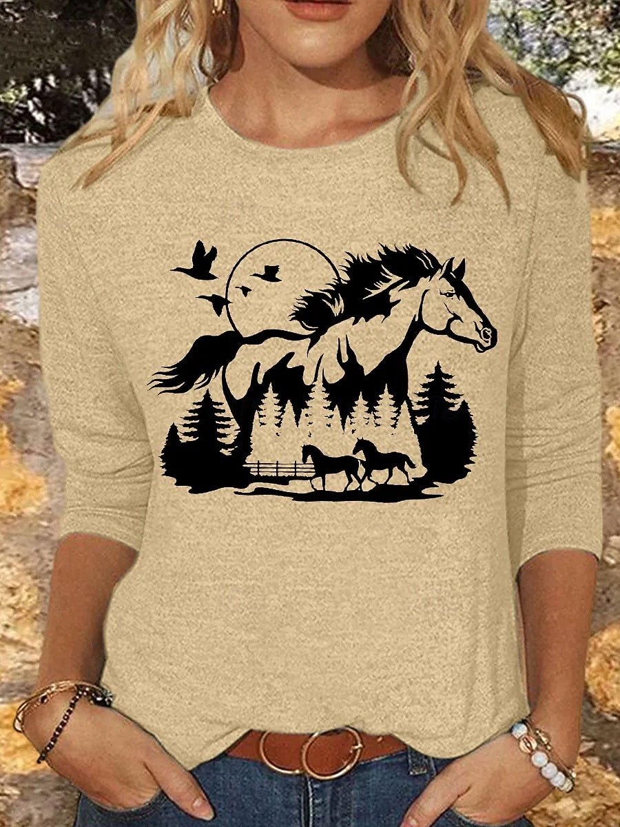 Damen T Shirt Druck Grafik Tiermotiv Pferd Vintage Stilvoll Klassisch Langarm Rundhalsausschnitt Rundhals Normale Oberteile Täglich Blau Rosa Khaki Grau Frühling Herbst Winter 2026 - $24.99 –P3