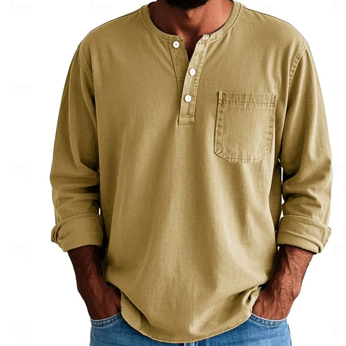 2026年 男性用 ヘンリーシャツ Tシャツ コットン100% アシッドウォッシュシャツ ヘンリートップ 長袖 純色 平織り ヴィンテージ ファッション レトロ風 色褪せた ボタン ヘンリー カジュアル 日常 アウトドア 夏 春 オールシーズン ブルー ダークレッド ブラック ヘンリーTシャツ  コレクション – $31.99 –P7
