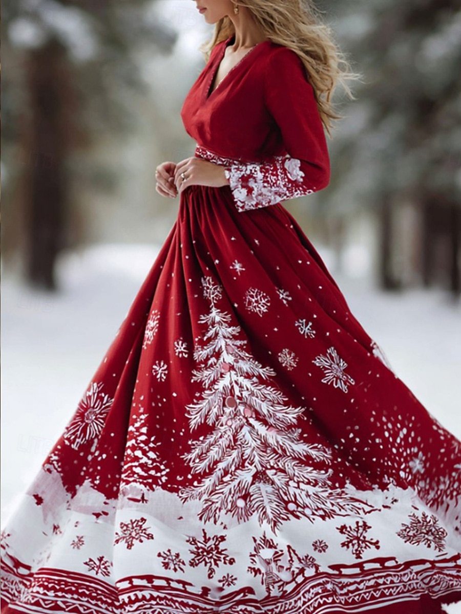 Weihnachten Damen Maxikleid Faltenkleid Party Lässig Boho Täglich Date Ausgehen Normale Passform Weihnachtsbaum Langarm V Ausschnitt Rote Herbst Winter 2025 - $41.99 –P1
