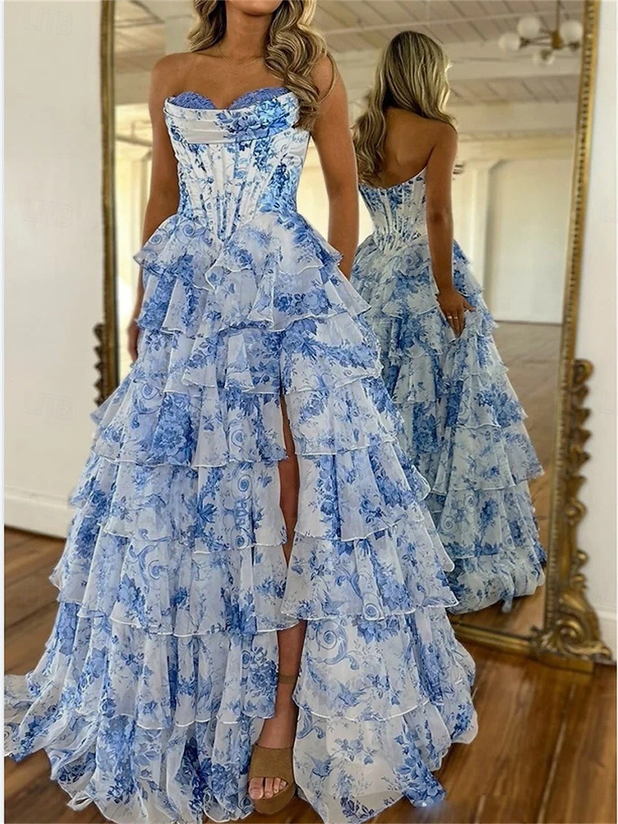A-Line Floor Length Prom Dresses Elegant Floral Princess Sleeveless  Strapless Prom Evening Party Chiffon Backless with Floral Print 2026 -  $199.99