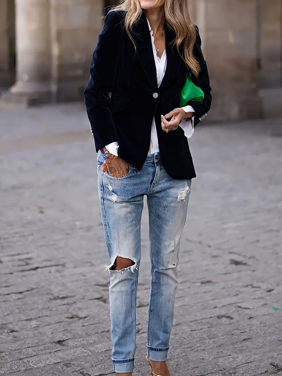 Women's Blazer Comfortable Breathable Pocket Casual Plain Office Street Casual Daily Wear Single Breasted Regular Turndown Regular Fit Long Sleeve Outerwear Navy Black Wine Spring Fall 2026 - $39.99 –P13