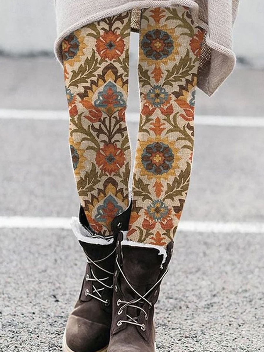 Dame Leggings Årgang Mote Gatemote Full lengde Høy Midje Grafisk Geometrisk mønster Printer Hold Varm Myk Pustende Elastisk utendørs Feriereise Gate Gul Blå Brun Kakifarget Vår Høst Vinter 2025 - $19.99 –P2