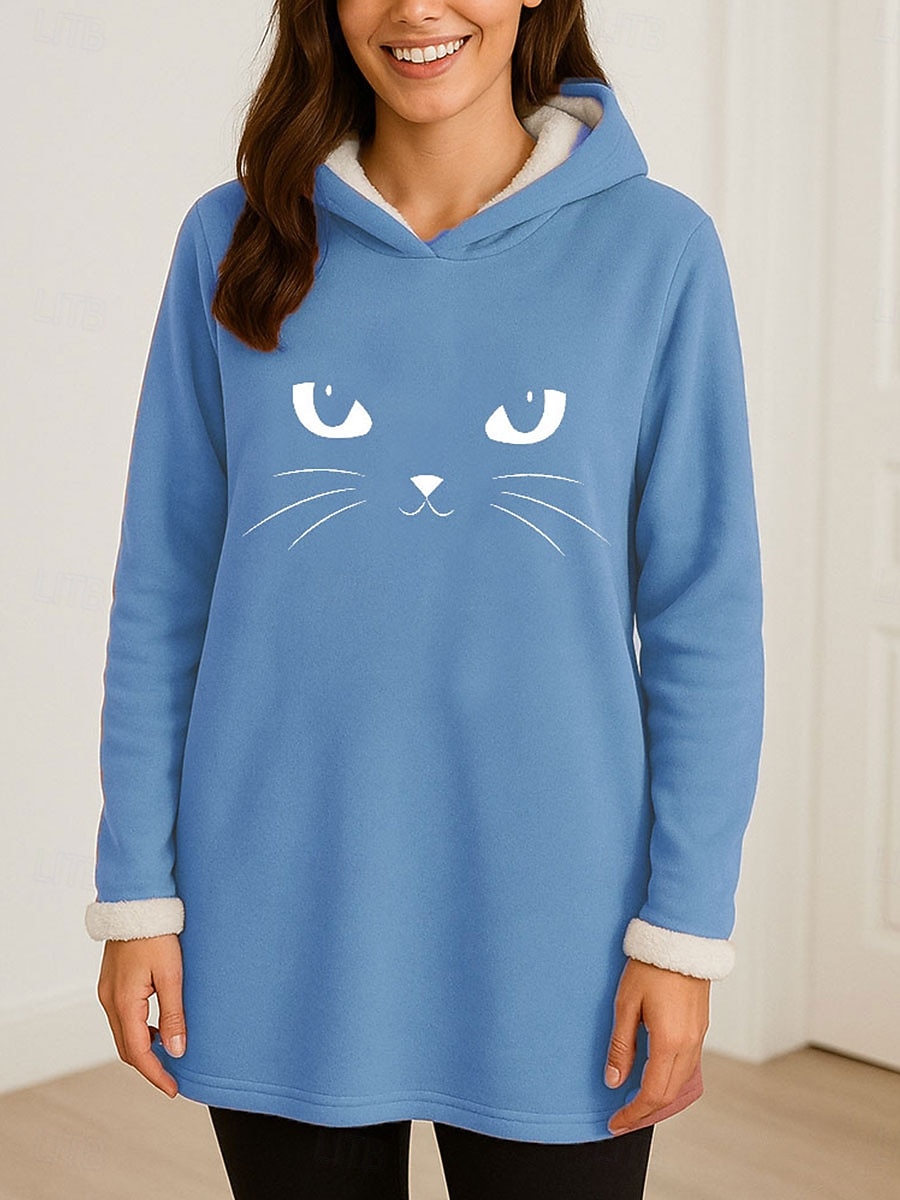 Dame Pullover hettegenser-genser Grafisk Katt Fritid Comfrt Langermet Med hette Lange topper Gate Hverdag Avslappet Trykt mønster Rosa Blå Grå Høst Vinter 2025 - $28.99 –P2