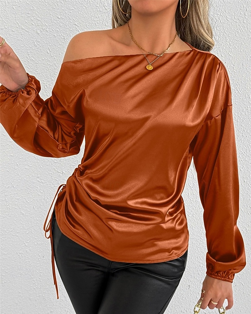 Dames Overhemd Satijnen overhemd Effen Kleur Stijlvol Casual Lange mouw koude schouder Normale tops Dagelijks Uitgaan Asymmetrisch Geel Bruin Lente Herfst 2025 - $24.99 –P3