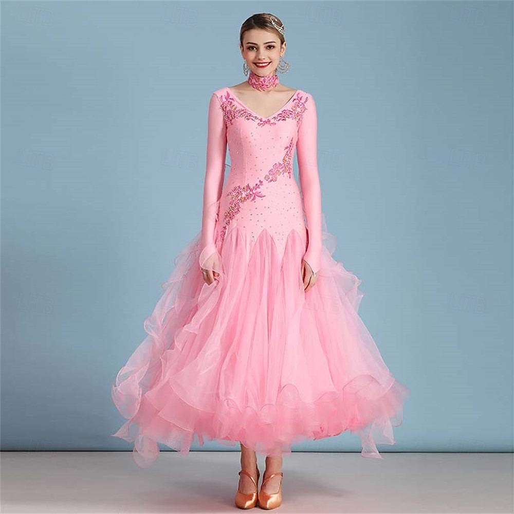 Бальные танцы Платье Чистый цвет Жен. Выступление Учебный Тематическая вечеринка Длинный рукав Спандекс 2026 - $120.99 –P9