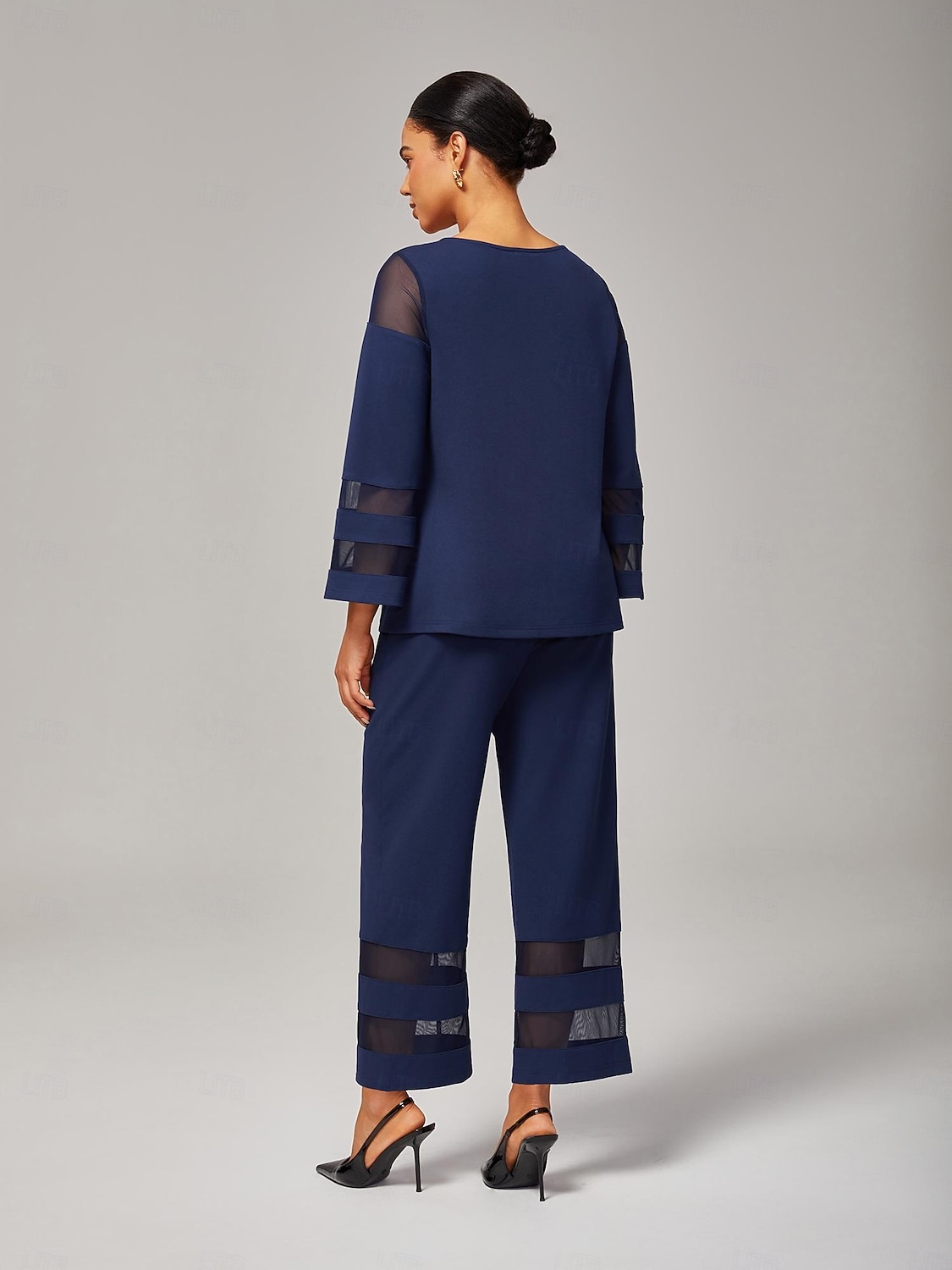 dame marineblå modal chiffon matchende sett tettsittende bluse beskårne bukser elegant stilig komfortabel daglig arbeidskveldsklær høst 2025 - $114.99 –P6