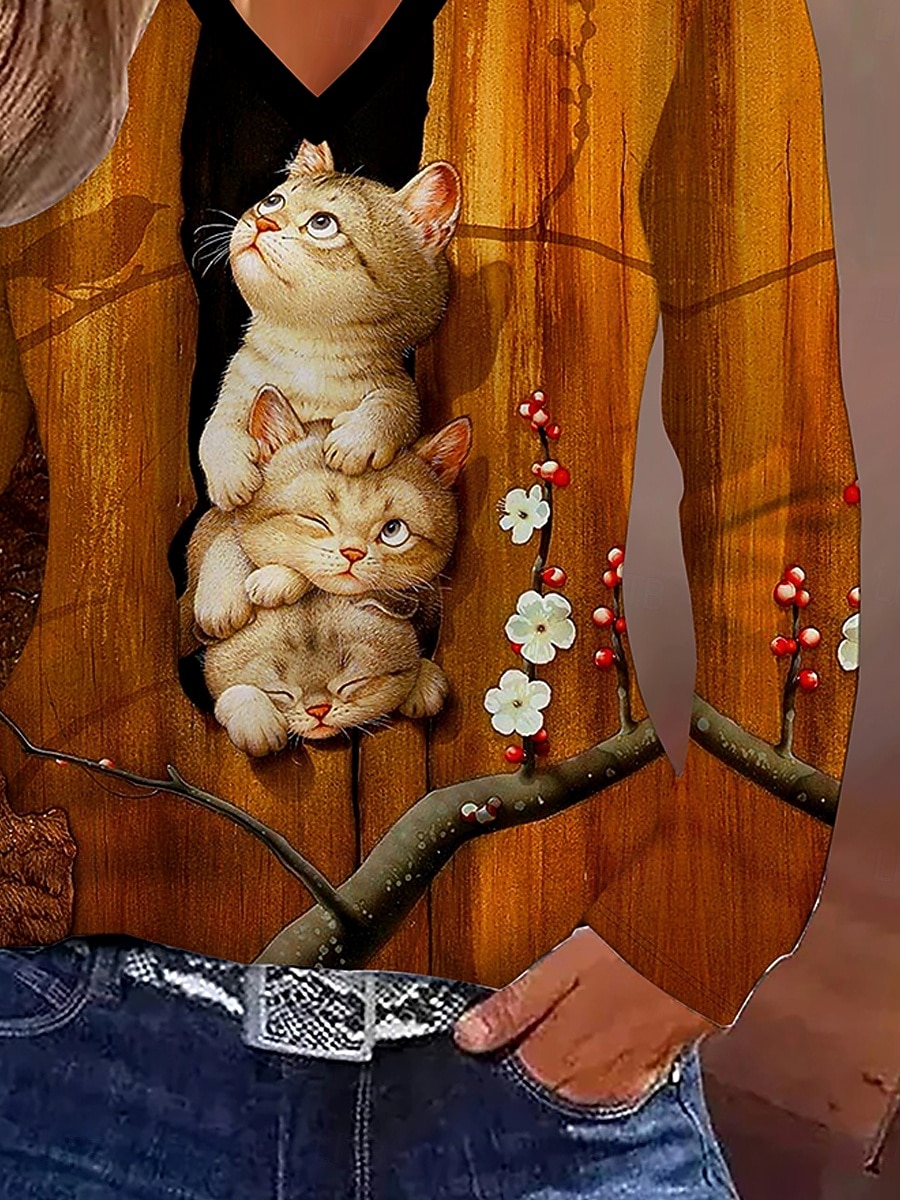 Femmes T-shirt Imprimé Graphique Animal Chat ancien Élégant Classique manche longue Col en V Hauts Réguliers Quotidien Orange Printemps Automne Hiver de 2026 ? $24.99 –P3