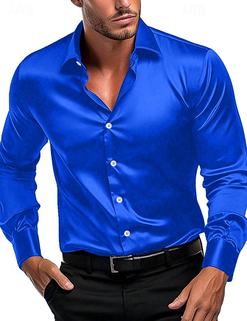 Herren Hemd Satinhemd Freizeithemd Knopfhemd Einfach Hochzeit Urlaub Schwarz Weiß Wein Marineblau Langarm Revers Frühling & Herbst Bekleidung 2025 - $12.49 –P16