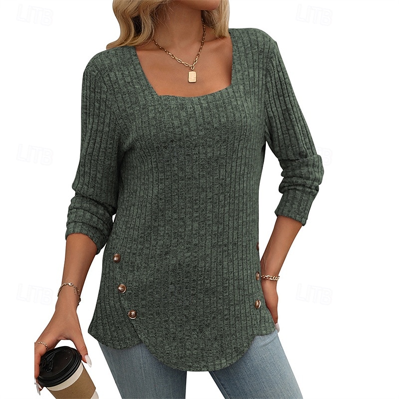 Femmes T-shirt Uni Élégant Mode Basique manche longue Col carré Hauts Réguliers Quotidien Week-end Patchwork Noir Bleu Violet Vert Blanc Ecru Printemps Automne Hiver de 2025 ? $23.99 –P9