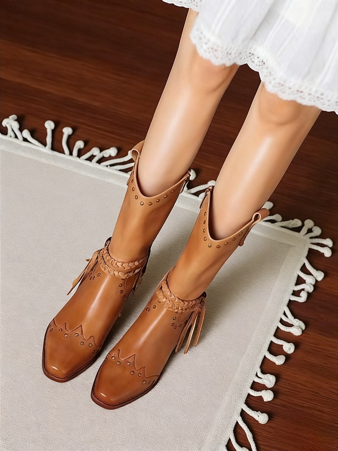 botas de cowboy femininas com tira trançada e detalhes de tachas, calçados estilosos para passeios casuais e eventos com tema western de 2025 por $42.99 –P5