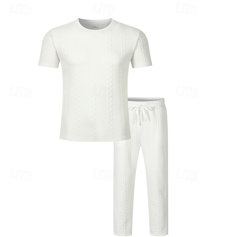 Bărbați Costume de tricou Seturi de cămașă și pantaloni tinute 2 piese Manșon scurt Crewneck Vară Primăvară Simplu Modă Casual Jacquard 2 bucăți Vacanță Purtare Zilnică Ieșire Negru Alb Kaki Top 2026 - $34.99 –P2