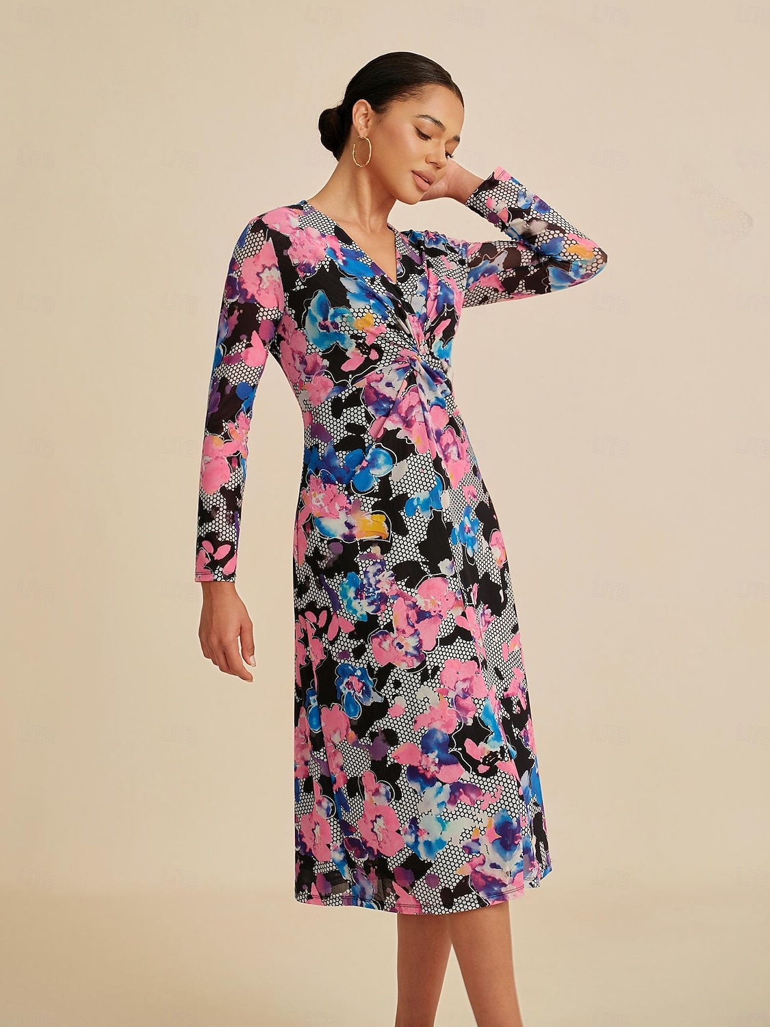 Per donna Femminile Tubino Abito Stampato Abito Midi Arcobaleno Manica Lunga Estate Primavera Scollo a V Moderno S M L del 2025 a $86.99 –P6