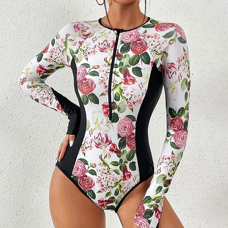 Women's Rash Guard Full Body Swimwear Dive Skin Suit UPF50+ Quick Dry High Elasticity Long Sleeve Swimwear Surfing Diving Snorkeling Swimming Floral Summer 2025 - $23.99 –P8