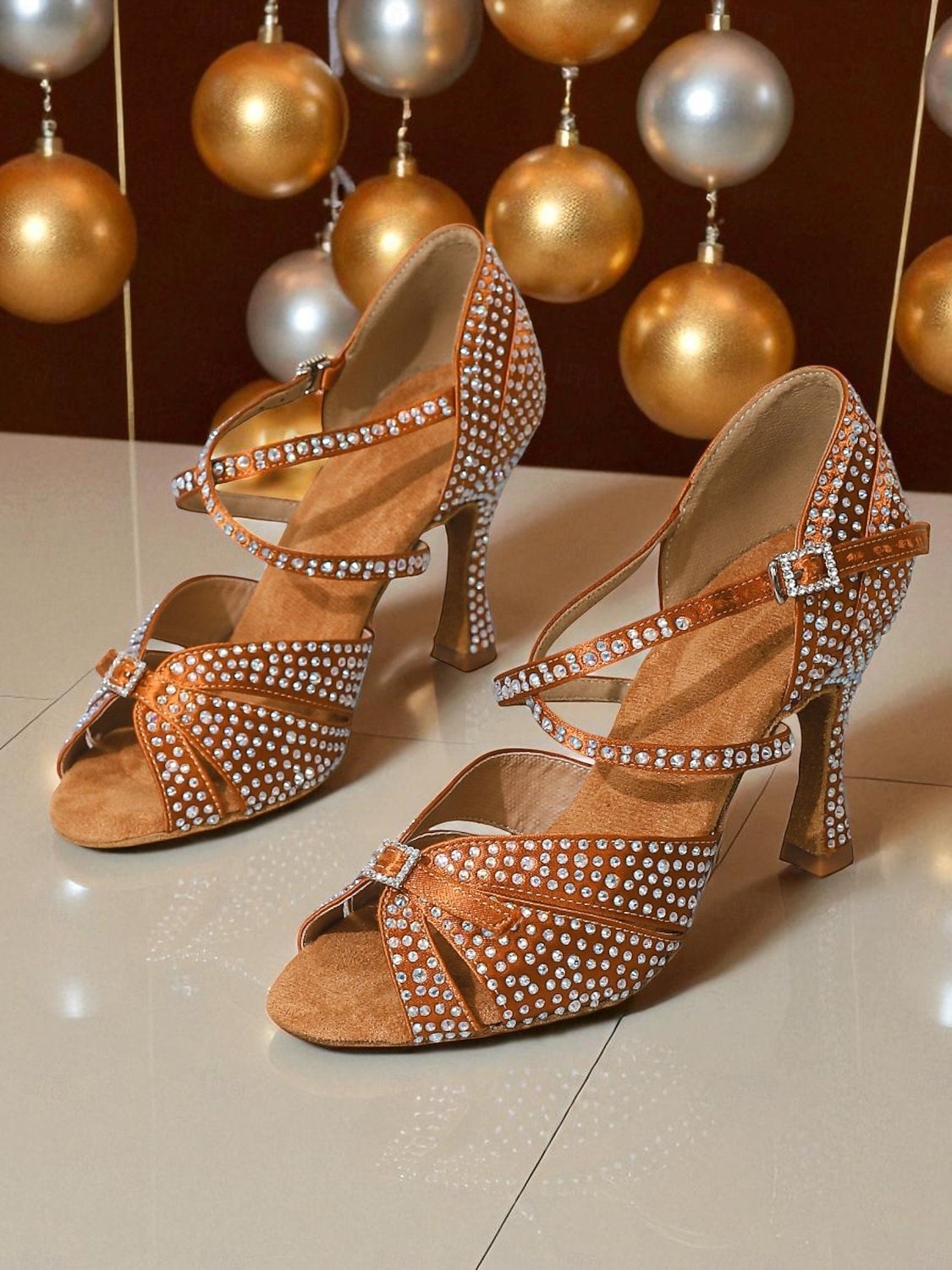 Dámské saténové boty na latinskoamerické tance s otevřenou špičkou a kamínkovými detaily, elegantní a třpytivý design, ideální na Gatsby párty a taneční plesy 2026 - $64.99 –P9