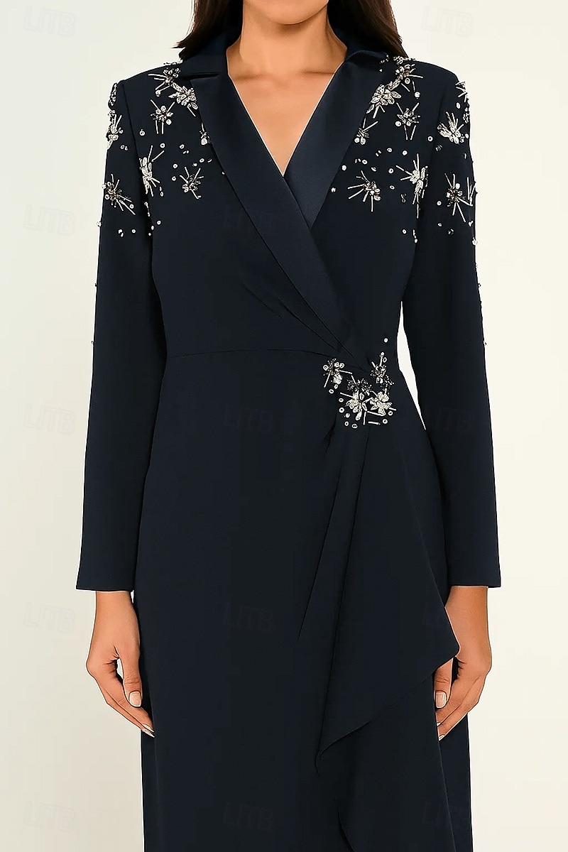 Rochie smoking cu imprimeu floral, tip coloană, cu cristale, model formal, pentru invitați de nuntă, rever din satin, crep elastic, mânecă lungă, guler cu rever crăpat și volane 2025 - $179.99 –P1