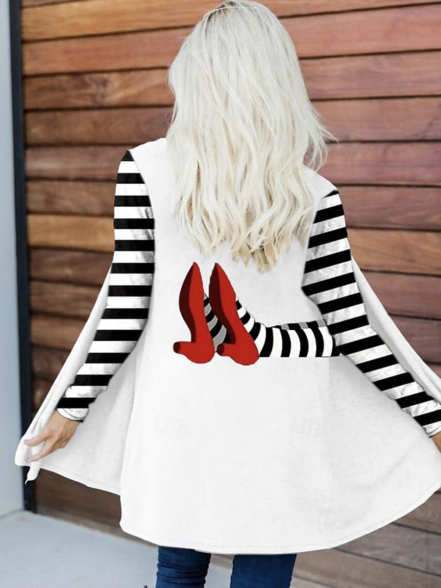Halloween Kvinners Vinterjakke Trench Coat Lett Behagelig Heks Trykk Åpen Front Vintage Mote Uformell Heks Ferie Uformell Lang Kragefri Regulær Fit Langermet Yttertøy Svart Hvit 2025 - $23.99 –P3
