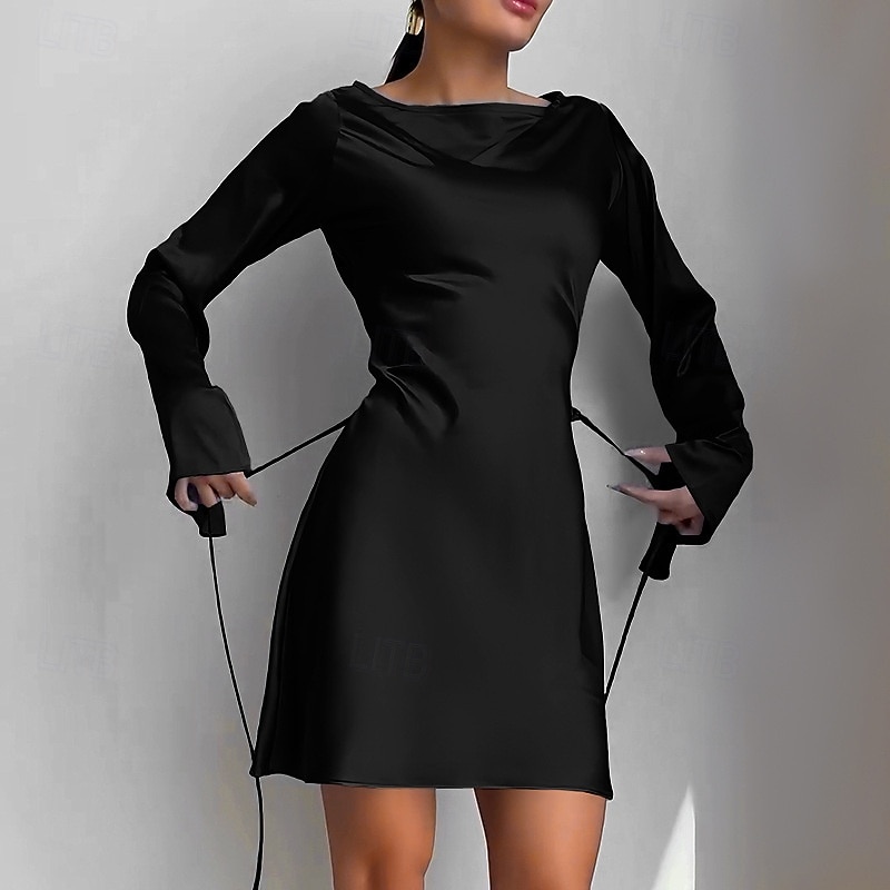 Damen Minikleid Partykleid Cocktailkleid Satinkleid Elegant Modern Party Abendgesellschaft Cocktailparty Normale Passform Einfach Langarm Rundhalsausschnitt Schwarz Blau Herbst Winter 2025 - $27.99 –P5