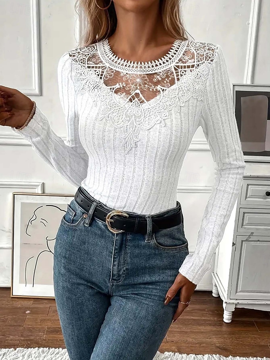 Per donna Blusa Pizzo Patchwork Tinta unica Elegante Essenziale Casual Manica Lunga Girocollo Top Regolari Quotidiano Nero Bianco Rosa Viola Grigio Primavera Autunno Inverno del 2026 a $21.99 –P4