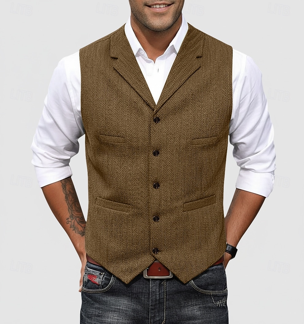 Per uomo Gilet in tweed Gilet Formale Matrimonio Vacanza Casuale Vintage Moda Primavera Autunno Tasca Bottoni Poliestere Tweed Confortevole Semplice Spina di Pesce Monopetto Scollo a V Con intaglio del 2026 a $37.99 –P11