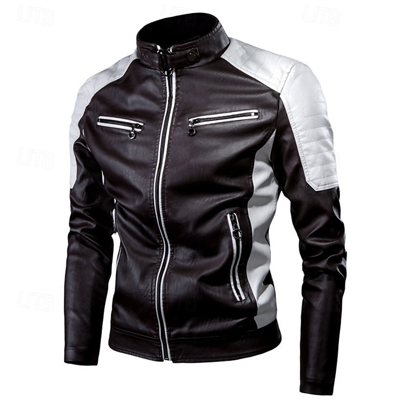Per uomo Giacca in Ecopelle Giacca da Biker Giacca da Moto Vacanza Quotidiano Antivento Patchwork Tasca Primavera Autunno Semplice Moda Classico Collo alla coreana Regolare Nero Bianco Rosso Marrone del 2026 a $46.99 –P4
