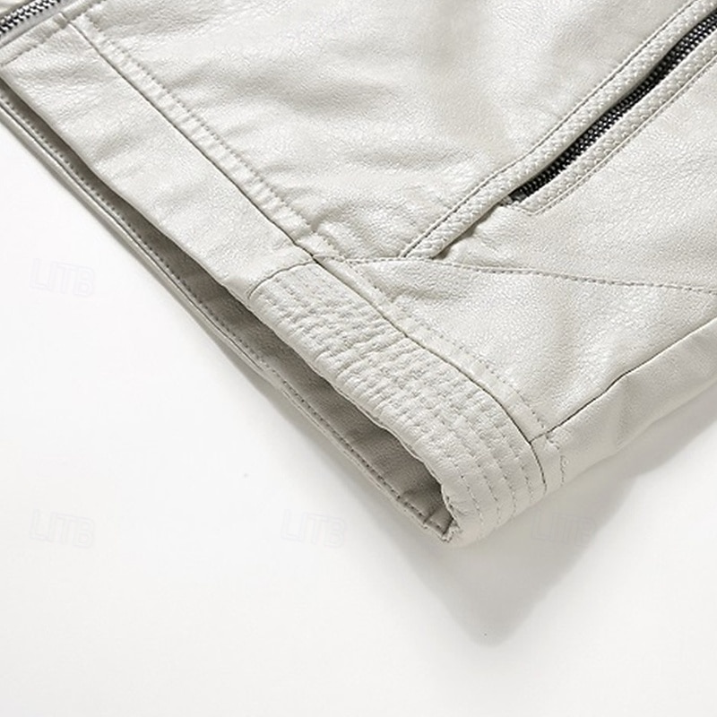 Men's Faux Leather Jacket Fleece Jacket Biker Jacket Motorcycle Jacket Vacation Daily Windproof Warm Pocket Fleece Fall Winter Plain Fashion Classic Stand Collar Regular Black White Wine Jacket 2025 - $54.99 –P8