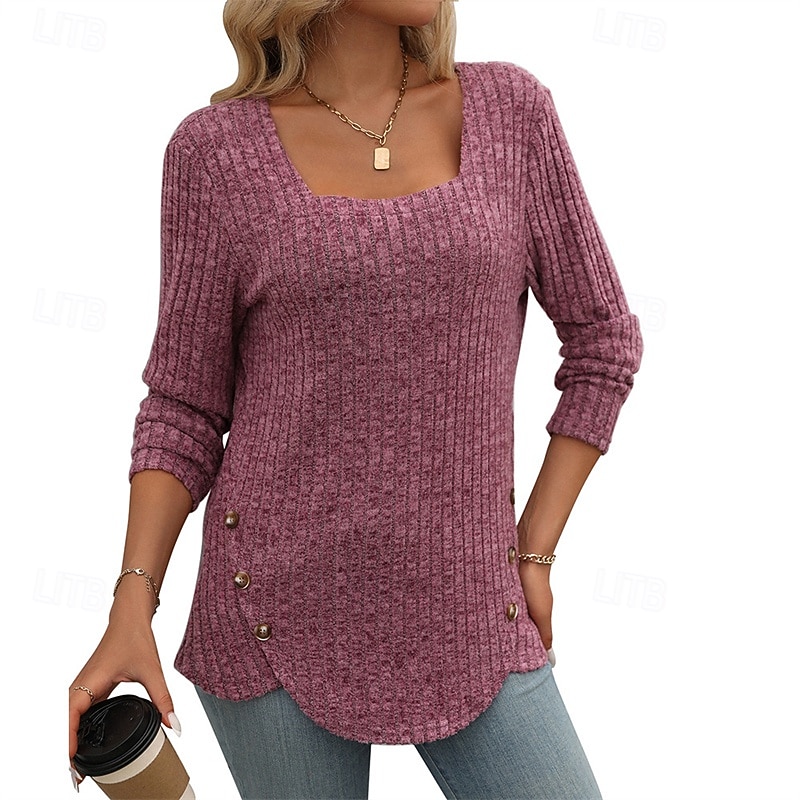 Femmes T-shirt Uni Élégant Mode Basique manche longue Col carré Hauts Réguliers Quotidien Week-end Patchwork Noir Bleu Violet Vert Blanc Ecru Printemps Automne Hiver de 2025 ? $23.99 –P6