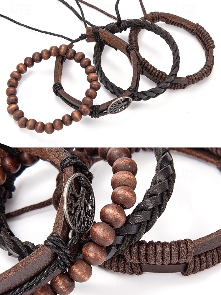 flerlags armbåndsett i ekte skinn for menn – bohemsk perlebesatt livets tre-armbånd for uformelt bruk, fest og reiser 2026 - $9.99 –P11