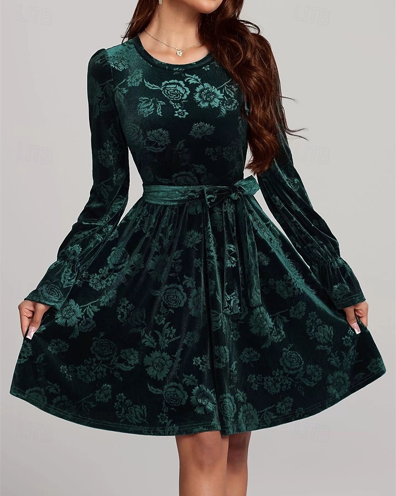 Per donna Abito Midi Abito in Velluto Abito da Cocktail Elegante Moda Moderno Quotidiano All'aperto Festa serale Vestibilità regolare Floreale Semplice Manica Lunga Girocollo Verde scuro Primavera del 2026 a $34.99 –P1