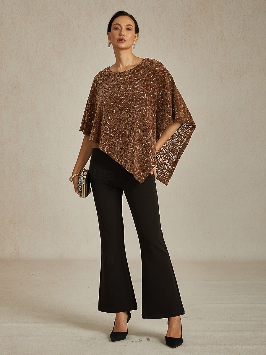 Damskie Bluzka Ponczo Bluzki koronkowe Cekiny Koronka iluzjonistyczna Elegancja Zabytkowe Półgolf Zwykłe topy Wieczorna impreza Gość weselny Stroje na imprezy wieczorowe Brązowy Wiosna Jesień 2026 - $87.99 –P6