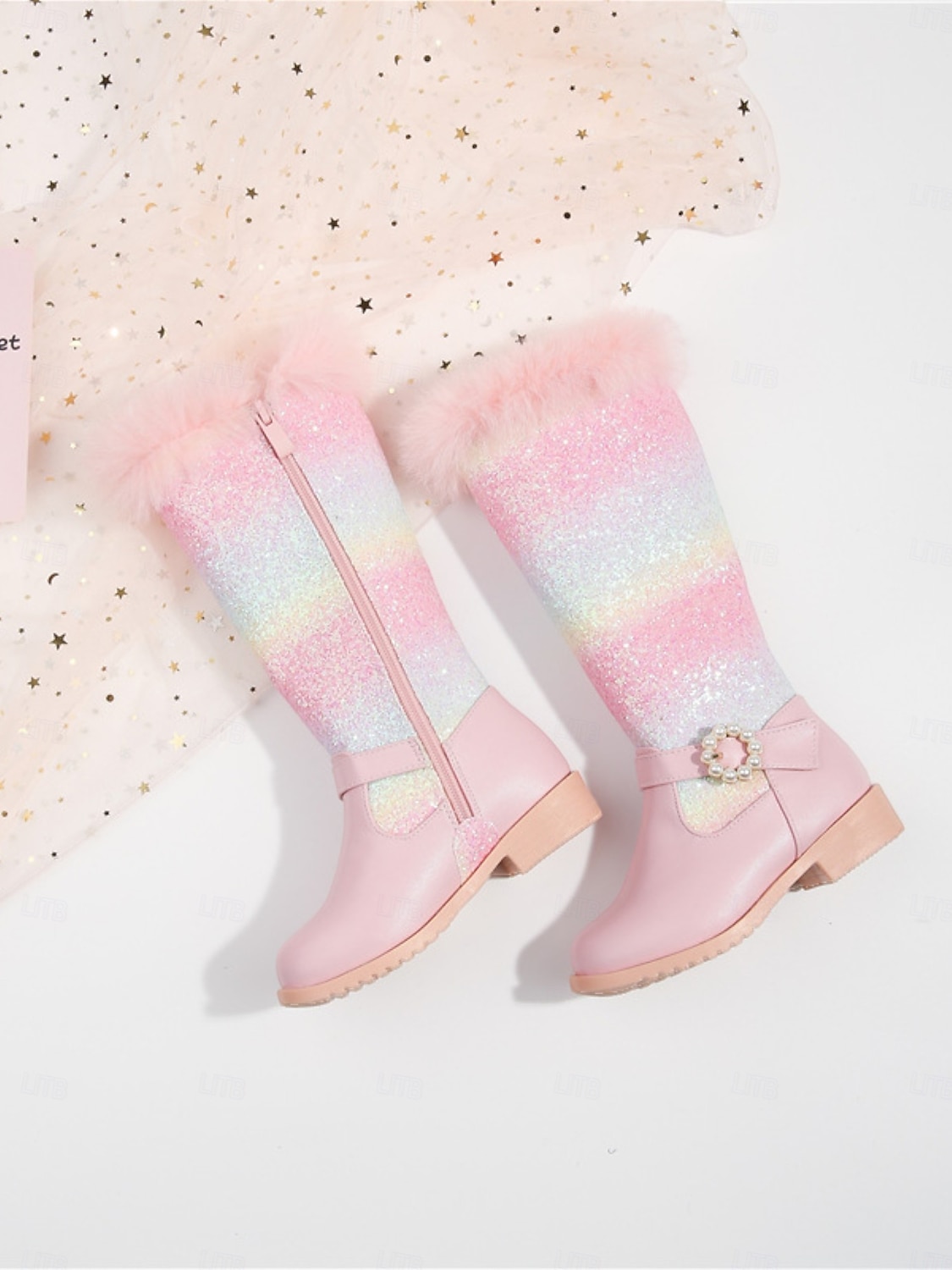 Dívčí duhové třpytivé kozačky pod kolena s lemem z umělé kožešiny a perleťovou sponou - třpytivé zimní boty pro děti na párty a svátky. 2026 - $54.99 –P5